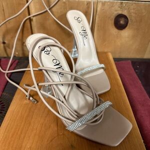 So Me Women's Nude Strappy Heels with Rhinestones